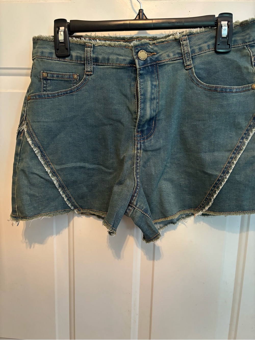 bebe Frayed Hem Denim Shorts in Blue-Green